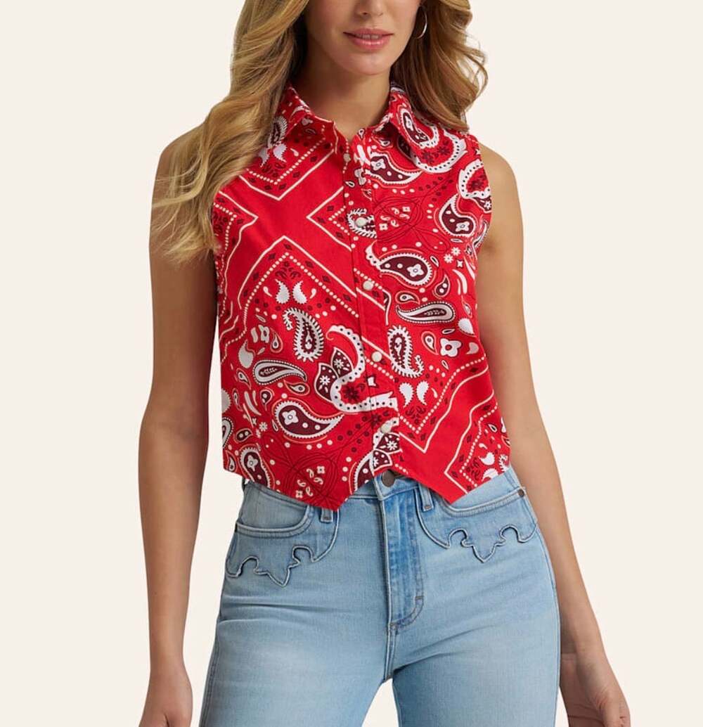 Wrangler Retro Red Bandana Print Sleeveless Cropped Snap Western Shirt-Size S